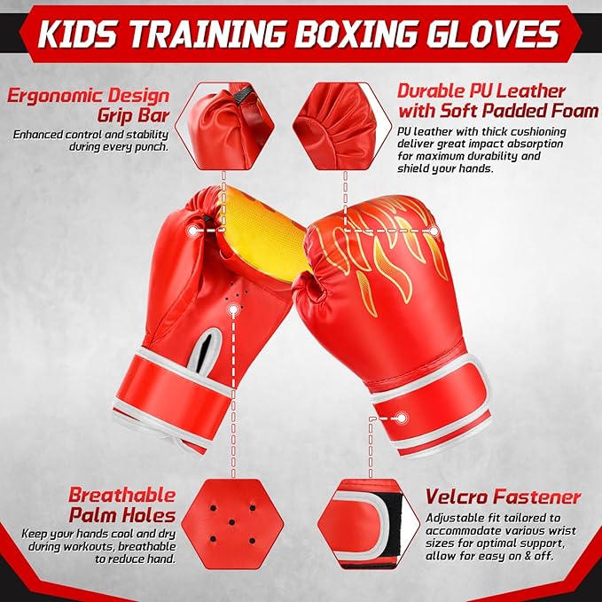 3-in-1 Boxing Gloves and Punching Mitts Set for Kids Youth, Kids Boxing Gloves Curved Punching Pads with Hand Wraps, Focus Mitts Boxing Equipment Set for Boxing Training MMA Karate Muay Thai Taekwondo