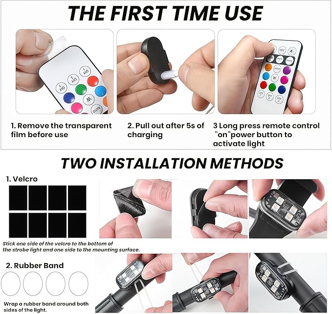 8PCS Wireless LED Strobe Lights with Remote Control, RGB 8 Colors Multifunction, USB Charging Waterproof Anti-Collision Tail Warning Mini Light for Car Motorcycle Trucks Bike Drone Aircraft (8)