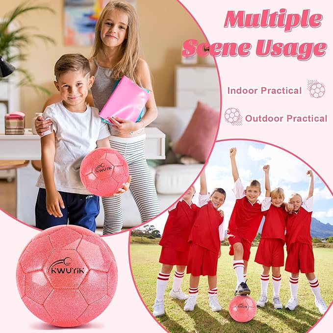 Size 3 4 5 Glitter Pink Gold Purple Soccer Ball Set with Pump Youth Soccer Ball for Kids Aged 4-6 6-8 8-12 Toddler Soccer Ball Soft Training Ball Practice for Teens Children Adults Boys Girls
