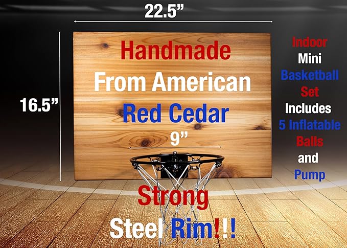 Elite Mini Basketball Hoop & Ball Set, Wall Mount, Indoor Made in The USA Cedar Backboard. Includes 9” Hoop, Net, Pump & 5 Mini Basketballs.