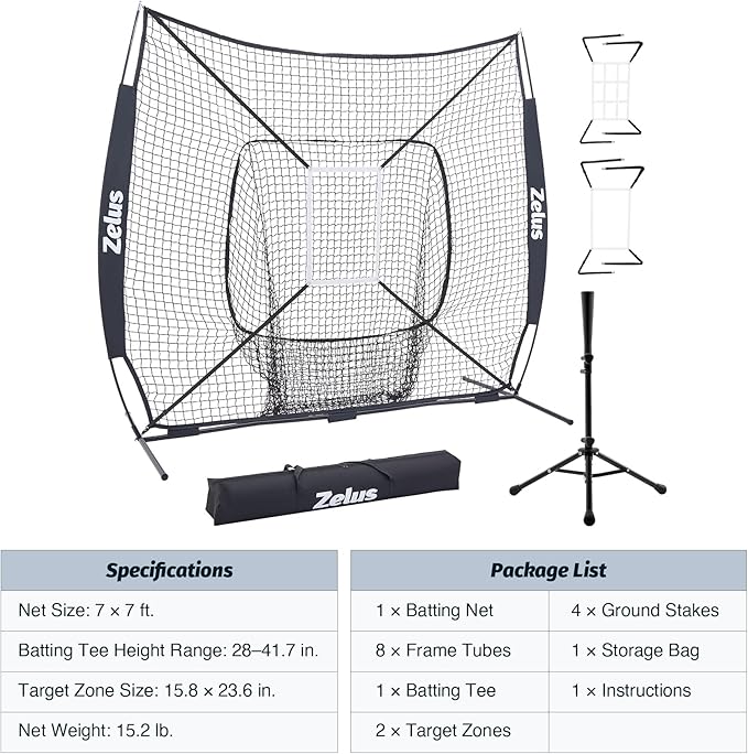 ZELUS 7x7 ft Baseball Softball Practice Net, Hitting and Pitching Net with Adjustable Batting Tee 2 Strike Zone, Portable Baseball Backstop Net with Carry Bag, Great for All Skill Levels