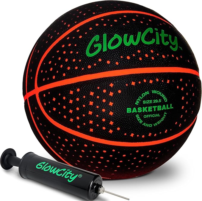 GlowCity Glow in The Dark Basketball - Sizes 5, 6, 7 Light Up Ball for Kids, Teens & Adults - Red Glow for Outdoor Games - Sports Birthday Gifts Ideas for Boys Ages 6 7 8 9 10 11 12 13 14
