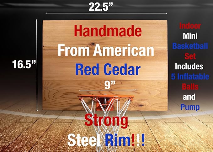 Elite Mini Basketball Hoop & Ball Set, Wall Mount, Indoor Made in The USA Cedar Backboard. Includes 9” Hoop, Net, Pump & 5 Mini Basketballs.