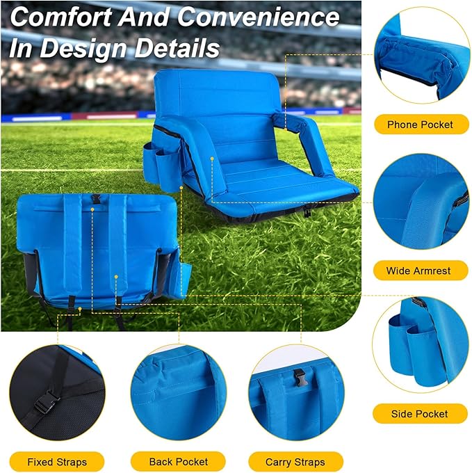 Stadium Seats with Back Support 2 Pack Wide, Exclusive Bleacher Chairs with Back and Cushion Folding Stadium Chairs, 6 Reclining Positions Waterproof Bleacher Seats (Wide|22.5" Blue)