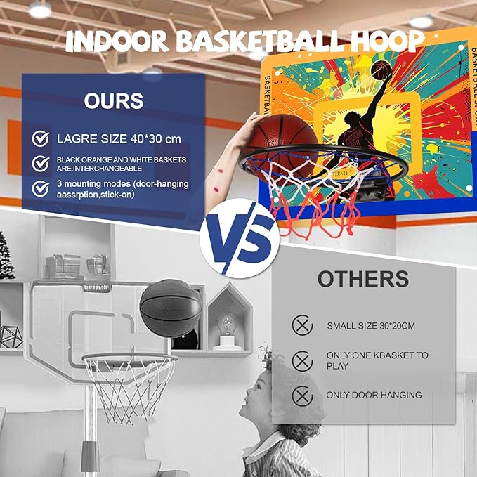 Silent Indoor Mini Basketball Hoop - Large Backboard with 3 Mounting Options, 3 Rims, 3 Balls & Pump
