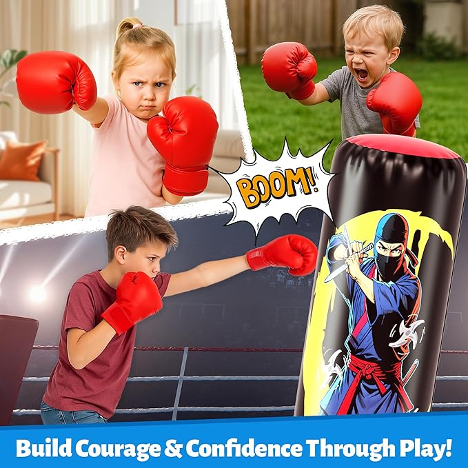 66-Inch Inflatable Kids Punching Bag, Ninja & Hero Double-Sided Boxing Bag for Boys & Girls Ages 3-12, Durable Bounce-Back Karate Training Toy with Gloves, Birthday for Kids Active Play