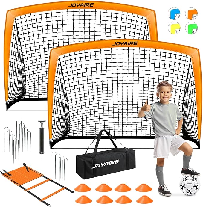 Kids Soccer Goals for Backyard Set, Portable Toddler Soccer Goal 2 of 4x3 ft, 6x4 ft, 7x5 ft, Soccer Training Equipment, Pop Up Soccer Net Kit with Size 4 Soccer Ball, Youth Games, Outdoor Sports Play