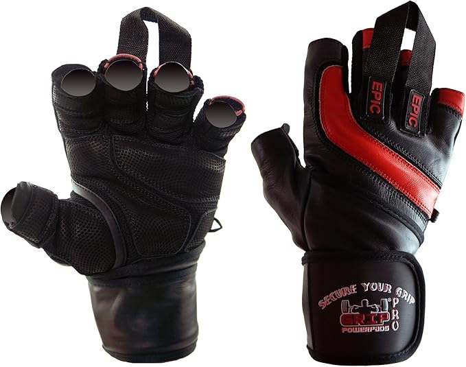 Epic Leather Gym Gloves with Built in 2" Wide Wrist Wraps Grip & Design for Weightlifting Power Lifting Bodybuilding & Strength Training Workout Exercises