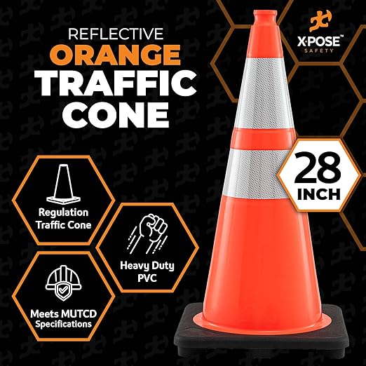Xpose Safety 28 Inch Orange Traffic Cones with 6" & 4" Collars, 6-Pack - Multipurpose PVC Plastic Safety Cone for Parking, Soccer, Caution, Kids and Construction - DOT Approved