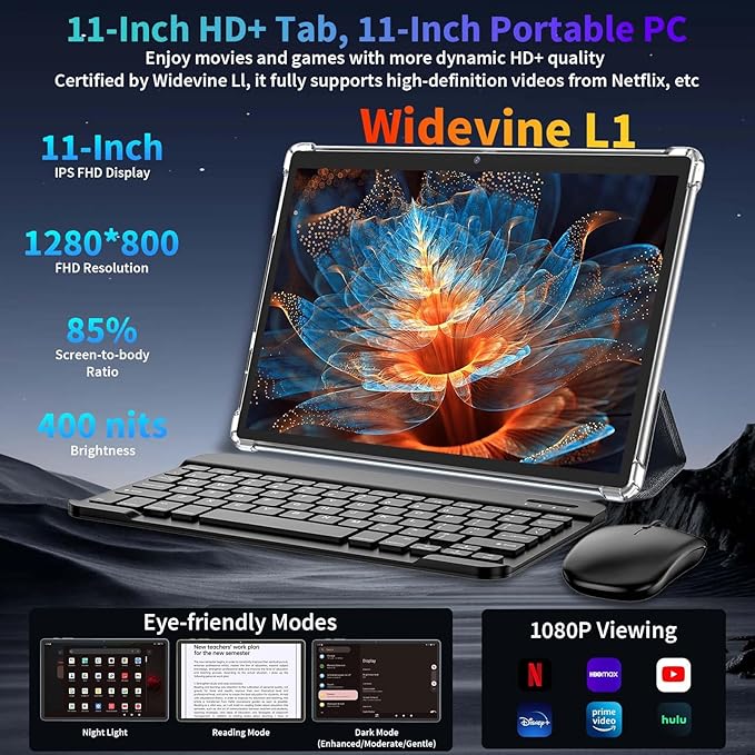 Android 15 Tablet, 2025 Upgraded 11 inch Android Tablets with Keyboard, 24GB+256GB+2TB Expand, Support Face Unlock+18W Fast Charging, Octa-Core CPU,Dual WiFi, Dual Camera,8000mAh Battery, Black