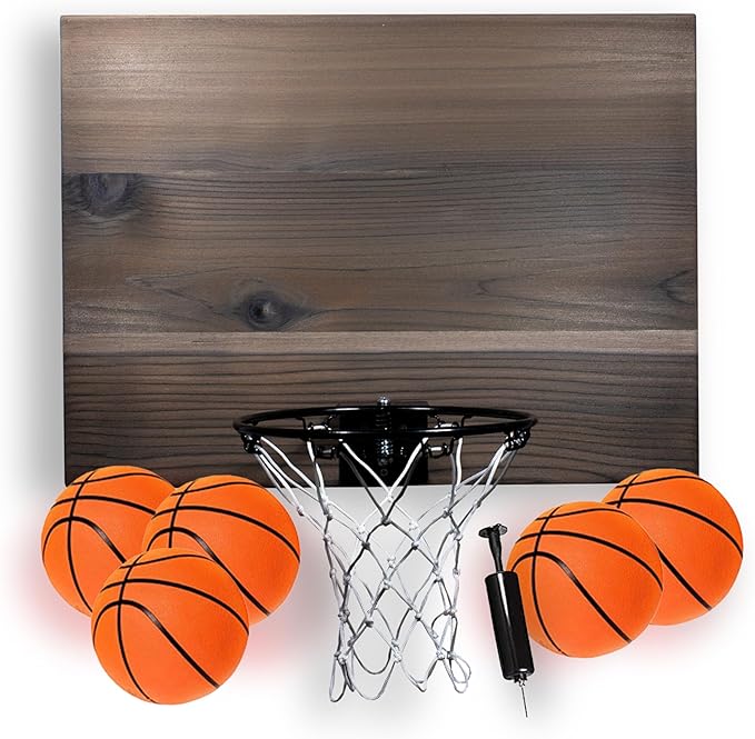 Elite Mini Basketball Hoop & Ball Set, Wall Mount, Indoor Made in The USA Cedar Backboard. Includes 9” Hoop, Net, Pump & 5 Mini Basketballs.