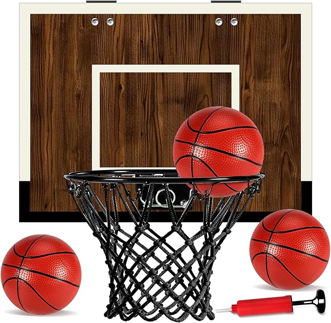 Indoor Mini Basketball Hoop Set – Over The Door with Wood Backboard & Iron Rim – Includes 2 Balls & Air Pump – Anti-Shock Padding – 16"x12"x3"