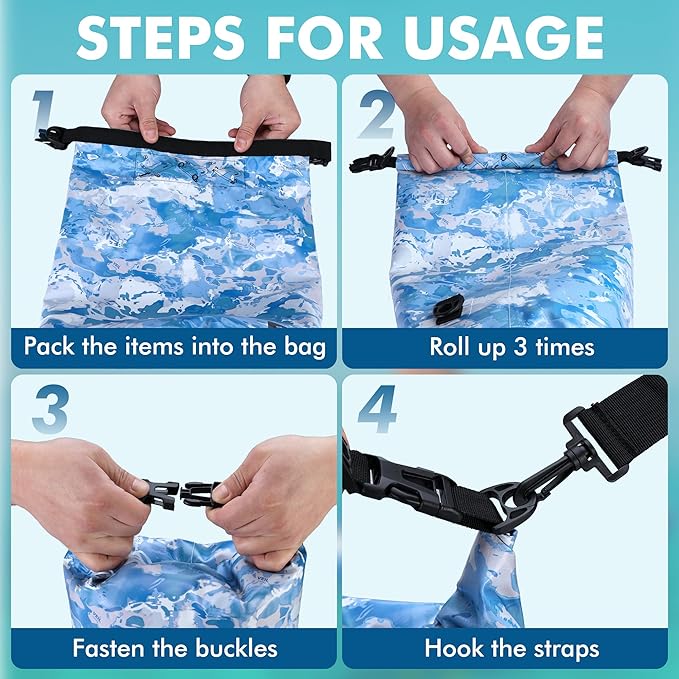 VILLEY Dry Bag Waterproof 10L Roll Top Sack Keeps Gear Dry Lightweight Sack for Kayaking Boating Camping Swimming and Beach Adventures Blue Camo