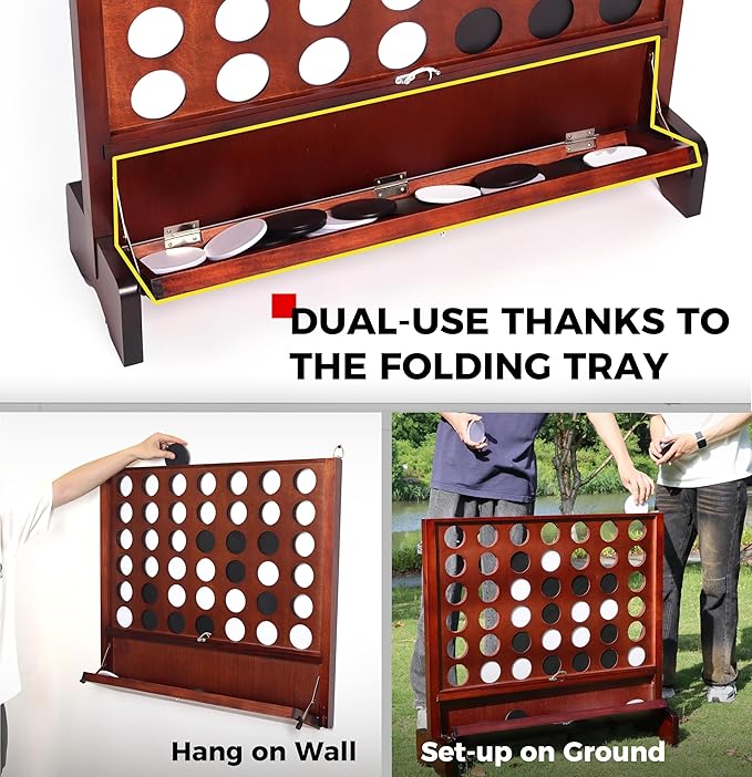 Giant Wooden 4 in a Row Connect Games with Folding Tray - Yard Outdoor Beach Games with Carrying Case - Two Styles to Play - Patented Product