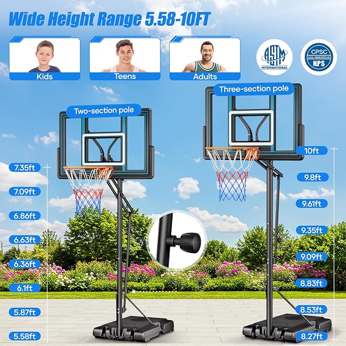 Asbest 44" Portable Basketball Hoop Outdoor | 5.5-10ft Stepless Adjustable Height Basketball Goal System for Driveway, Backyard, for All Ages