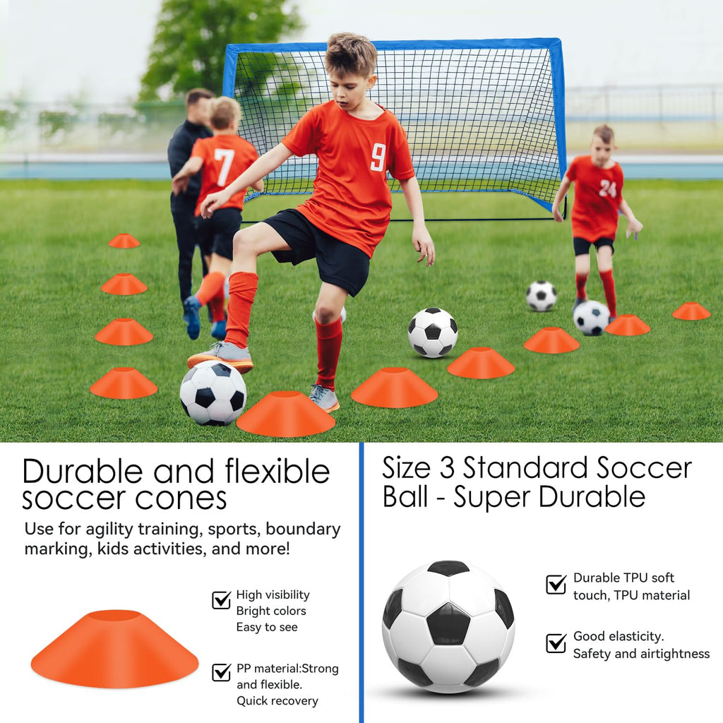 Fololicx Blue Soccer Goals for Backyard, 2 of 6x4ft Kids Soccer Net Training Equipment, Portable Pop Up Toddler Soccer Goal with Soccer Ball, Scoring Target Cloth, and Cones - Fun Youth Outdoor Games