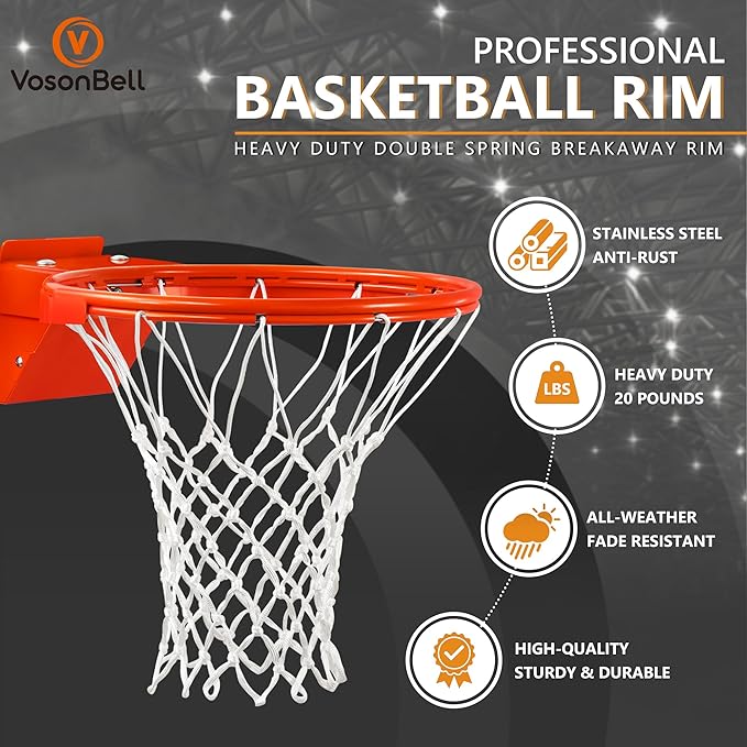 Basketball Rim, Heavy Duty Basketball Rim Replacement - Universal 18 Inch Breakaway Rim and Net,Professional Double-Spring Backboard Rims For In-Ground and Wall-Mounted Basketball Hoops Indoor Outdoor