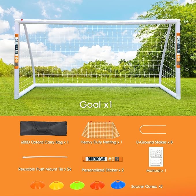 ORIENGEAR Soccer Goal, 12x6/10x6.5/8x6/6x4 Full Size Soccer Goals for Backyard, Soccer Net with Training Discs, Portable Soccer Goal for Kids and Adults with 1 Carry Bag, Porterias De Futbol