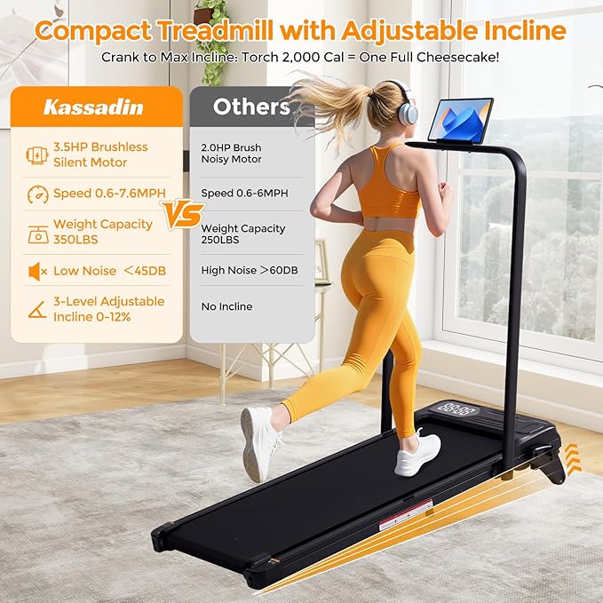 Portable Foldable Walking Pad with Handle Bar and Adjustable Incline, Under Desk Walking Pads Treadmill with Incline and Handles, 3.5HP Folding Electric Treadmills for Home Small, 0.6-7.6MPH, 350LBS