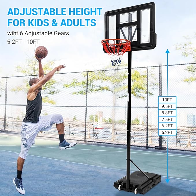 Basketball Hoop Outdoor 10FT Height Adjustable, Portable Basketball Goals & Hoops with PC Backboard and Large Water/Sand Base, Indoor Outdoor Basketball Hoop for Kids Youth Adults Backyard Driveway