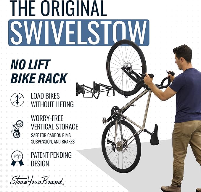 StoreYourBoard SwivelStow Mountain Bike Storage Rack 2 Pack – Heavy Duty Bike Hanger, No-Lift Bike Wall Mount for Garage Bike Storage, MTB and E-Bike, Holds 70 lbs, Patent-Pending