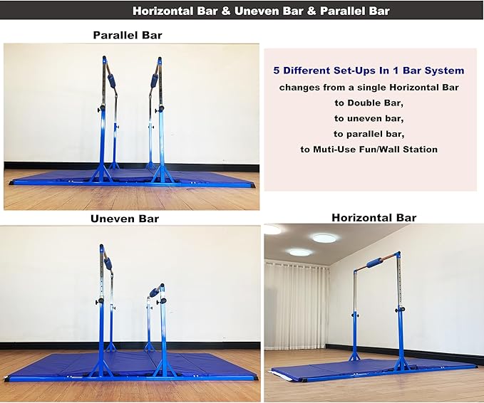 MARFULA Gymnastics Double Horizontal Bars 3Play Parallel Bars Uneven Bars Gymnastics Training Kip Bar with 304 Stainless Steel Regulating Arms & Fiberglass Rail for Indoor Outdoor Home Club Use