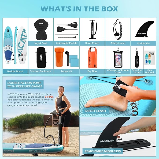NACATIN Inflatable Stand Up Paddle Board with Kayak Seat,10'6"Upgrade Version Blow Up Paddle Boards for Adults with Premium SUP Accessories&Backpack,Adjustable Paddle,Camera Mount,Fins,Hand Pump