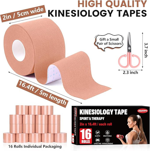 16 Rolls Kinesiology Tape, 2 inch x 16.4 Feet Waterproof Athletic Tape, Uncut Kinetic Tape, Elastic Muscle Tape, Sports Tape, Knee Tape for Exercise and Daily Use - Skin Color