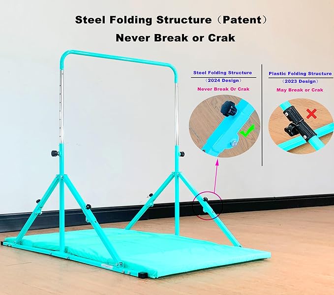 MARFULA Foldable Gymnastic Bar for Kids Ages 3-12, 9 Height Levels, 200 lbs Weight Capacity, 5 Ft Length Gymnastic Kip Bar with Mat, Gymnastic Equipment for Home and Gym Center Indoor Outdoor Use