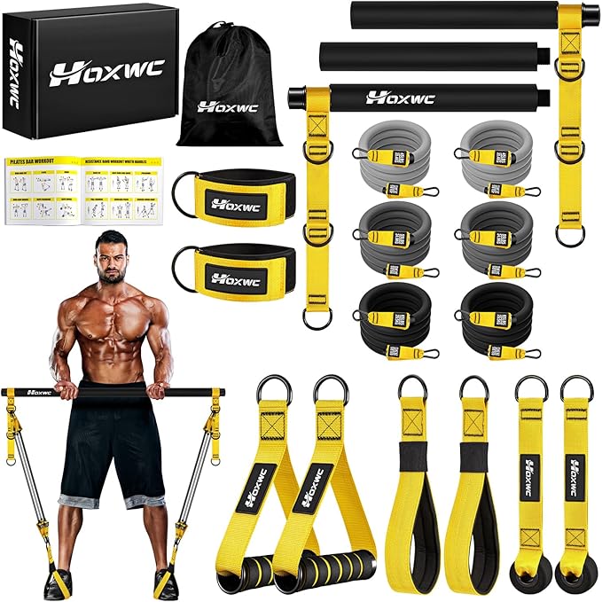 Pilates Equipment, Portable Pilates Bar Kit with Resistance Bands, Professional Adjustable Heavy Duty Squat Workout Equipment for Men, Home Gym Muscle Strength Training, Full Body Exercise