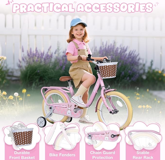 Kids Bike 16 inch Boys Girls Ages 4-7 Years Old Cruiser Bicycle with Woven Basket Single Speed for Youth Caliper Brake Band Brake Rear Rack Included Multiple Colors