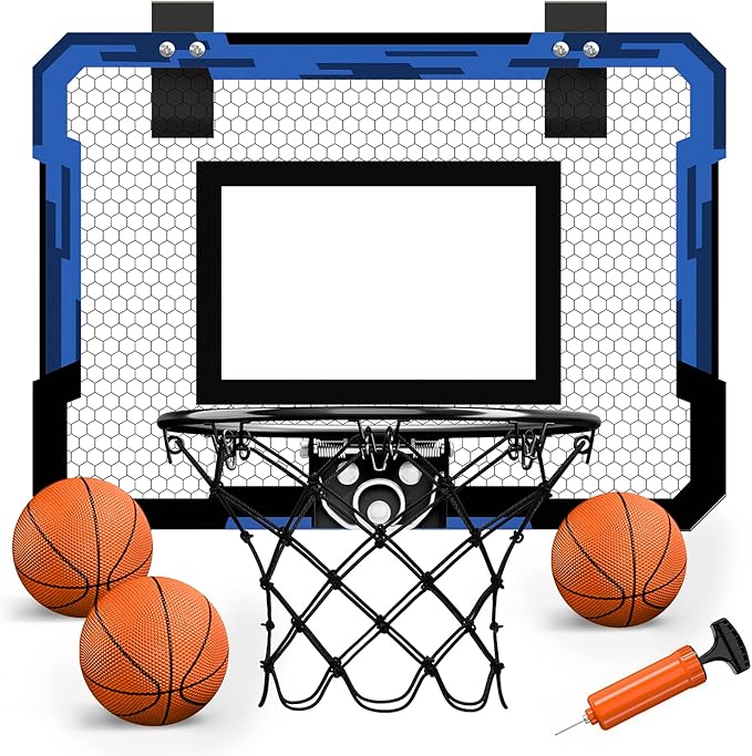 QDRAGON Mini Basketball Hoop, Over The Door Indoor, with 3 Balls/Inflator/Breakaway Rim, Basketball Toy Gifts for Kids and Adults, Suit for Bedroom/Office/Outdoor, Blue