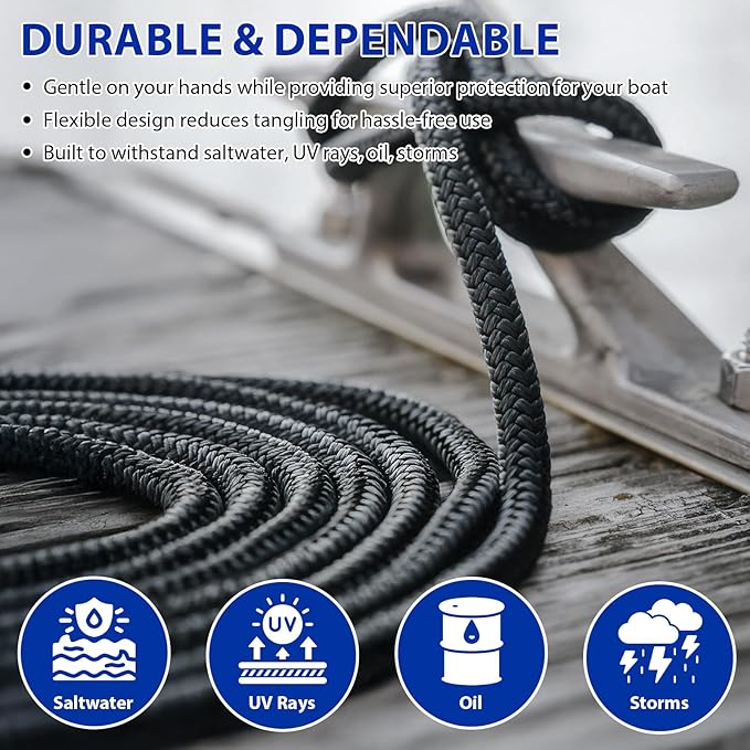 Boat Dock Lines Marine Rope - 5/8" x 50ft with Pre-Spliced 16" Loop Double Braided Nylon Ropes Bumper Tie Mooring Line for Boats Docking Pontoon Boating Accessories - 2 Pack