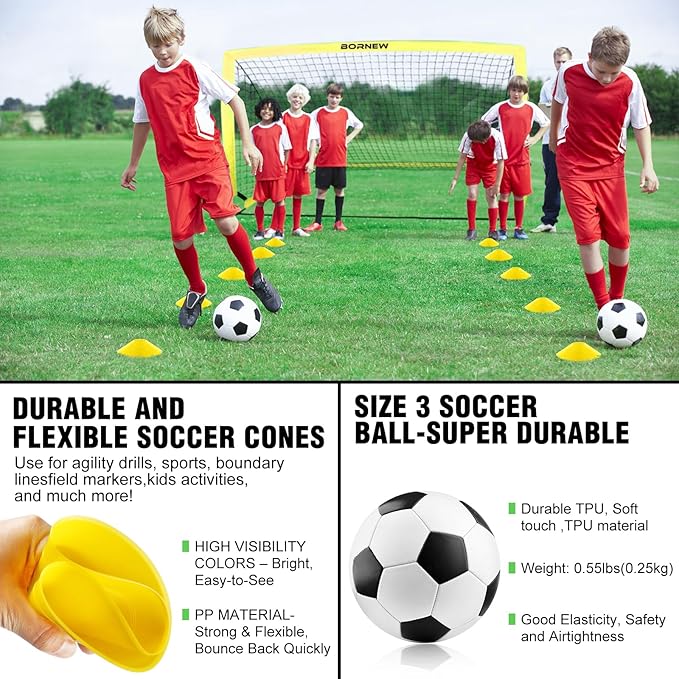 Kids Soccer Goal for Backyard Set - 2 Set of 4x3/ 5X3.6/7x5 ft Toddler Soccer Nets with 20ft Agility Ladder, Soccer Ball, Pop Up Portable Soccer Set for Kids and Youth Training Ages