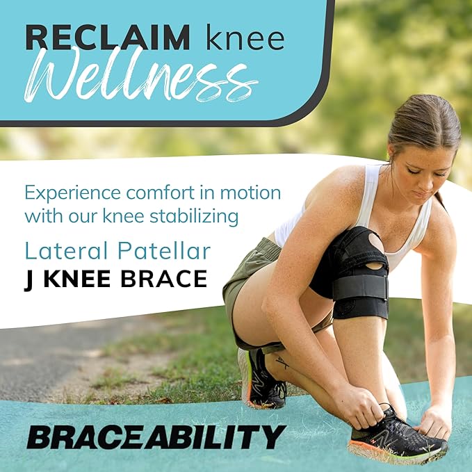 BraceAbility J Patella Knee Brace - Lateral Patellar Stabilizer with Medial and J-Lat Support Straps for Dislocation, Subluxation, Patellofemoral Pain, Left or Right Kneecap Tracking (Large)