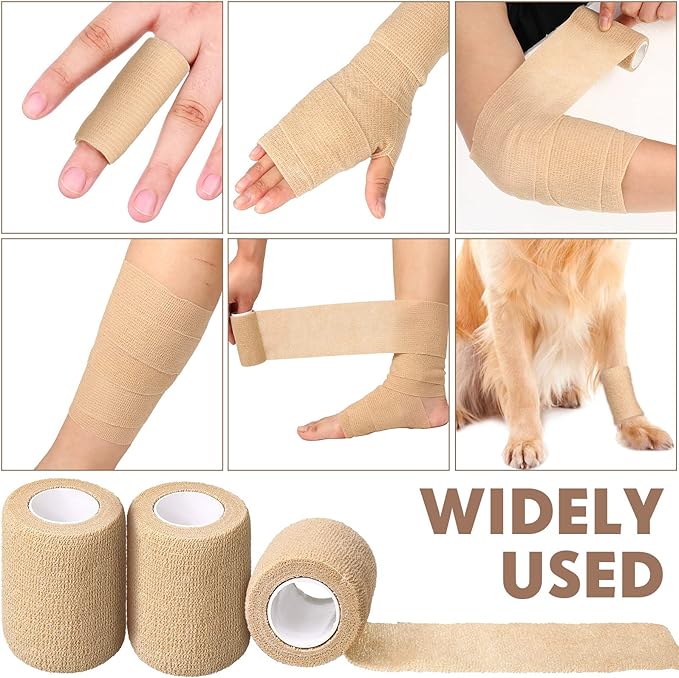 Treela 64 Pack 2" x 5 Yards Self Adhesive Cohesive Bandage Wraps, Elastic Breathable Athletic Tape, Flexible Self Adherent Bandage Rolls for Wrist, Ankle, Fingers, Sports & Pets (Beige)