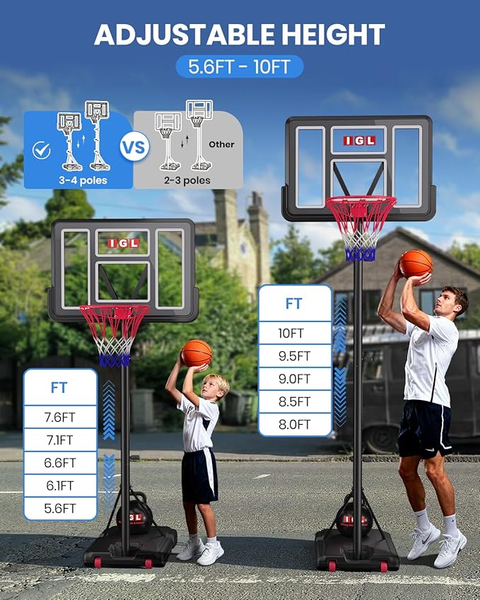 IGL Portable Basketball Hoop, 5.6-10FT Adjustable Basketball Goal System, 44 Inch Outdoor Basketball Hoop & Goals for Kids, Youth, and Adults in The Backyard, Driveway with PC Backboard