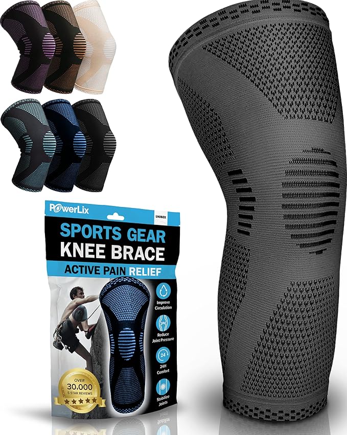 POWERLIX Knee Compression Sleeve - Best Knee Brace for Knee Pain for Men & Women – Knee Support for Running, Basketball, Volleyball, Weightlifting, Gym, Workout, Sports - (Gray M)