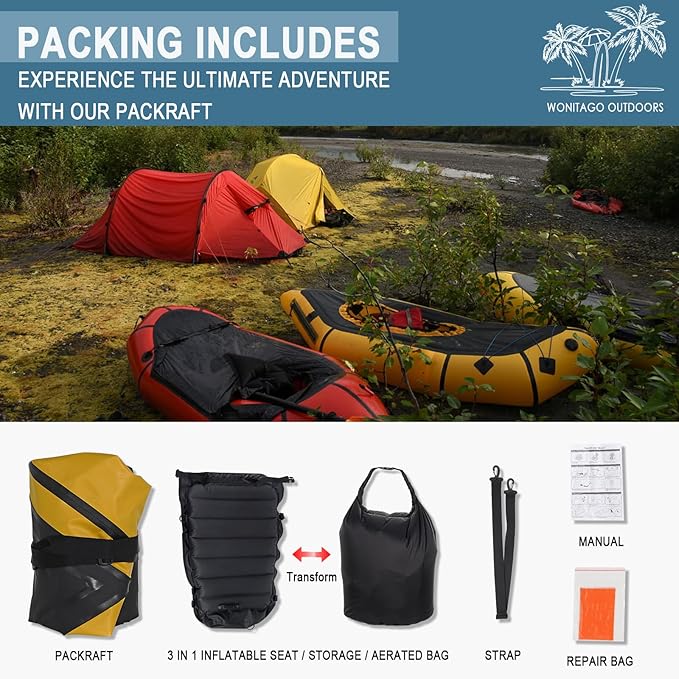 Packraft TPU Inflatable Travel Kayak with Soft Seat Lightweight Packrafts for Flat Water Rafting/Bicycle Drifting/Litewater Dinghy, 1 Person