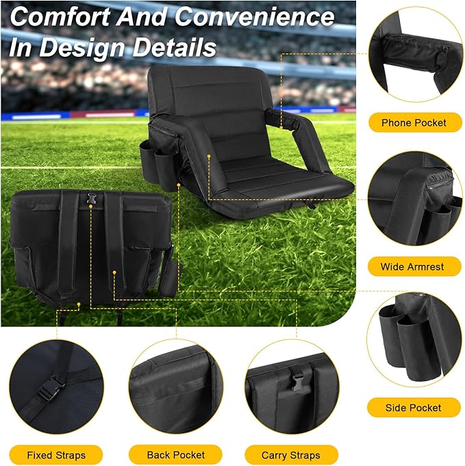 Stadium Seats with Back Support 2 Pack Wide, Exclusive Bleacher Chairs with Back and Cushion Folding Stadium Chairs, 6 Reclining Positions Waterproof Bleacher Seats (Wide|22.5" Black)