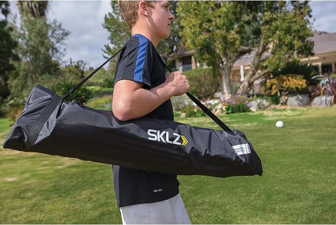 SKLZ Quickster Soccer Goal - Portable Goal for Backyard & Field - Durable Tension-Tite Frame & Heavy Gauge 2-Ply Net - Adjustable Click-Lock Poles, Metal Stakes - Carrying Case with Handle