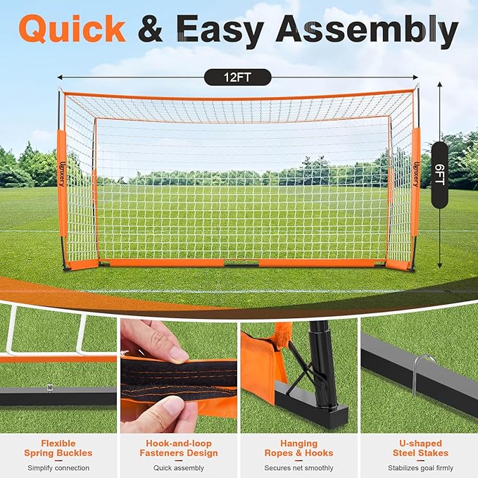 Portable Soccer Goal, Detachable 12x6 FT Soccer Goals Net for Backyard, Quick Setup Training Equipment with 1 Carry Bag, 1 Football, 12 Training Cones