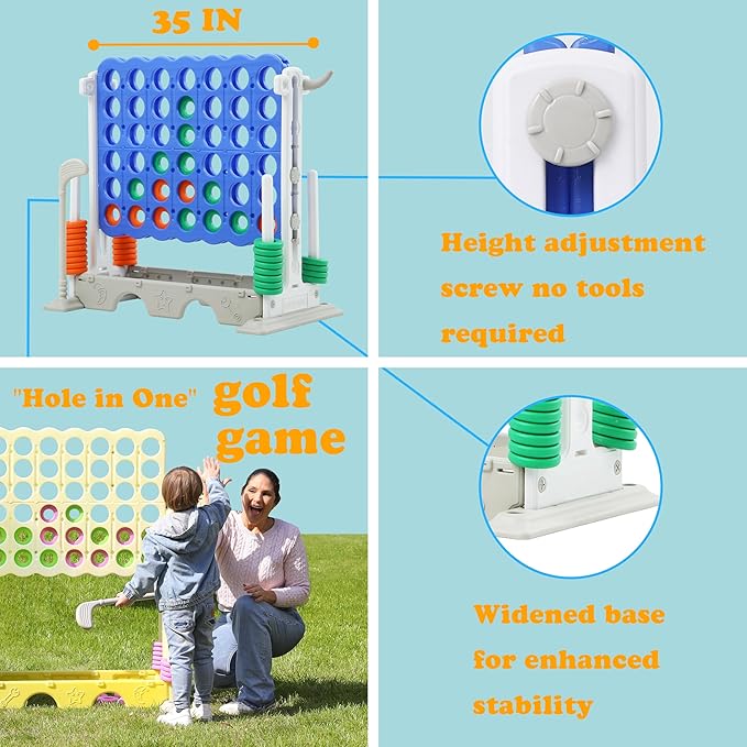SDADI Height Adjustable 3-in-1 Giant 4 in a Row Connect, Jumbo 4-to-Score with Golf and Ring Toss Set, Indoor Outdoor Yard Party Game for Kids and Family, White