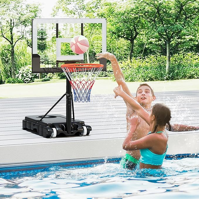 GYMAX Basketball Hoop Outdoor, 3.3-7/10 FT Adjustable Portable Basketball Goal with Wheels, PC Backboard, Fillable Base for Kids, Youth & Adults in Backyard, Driveway, Pool