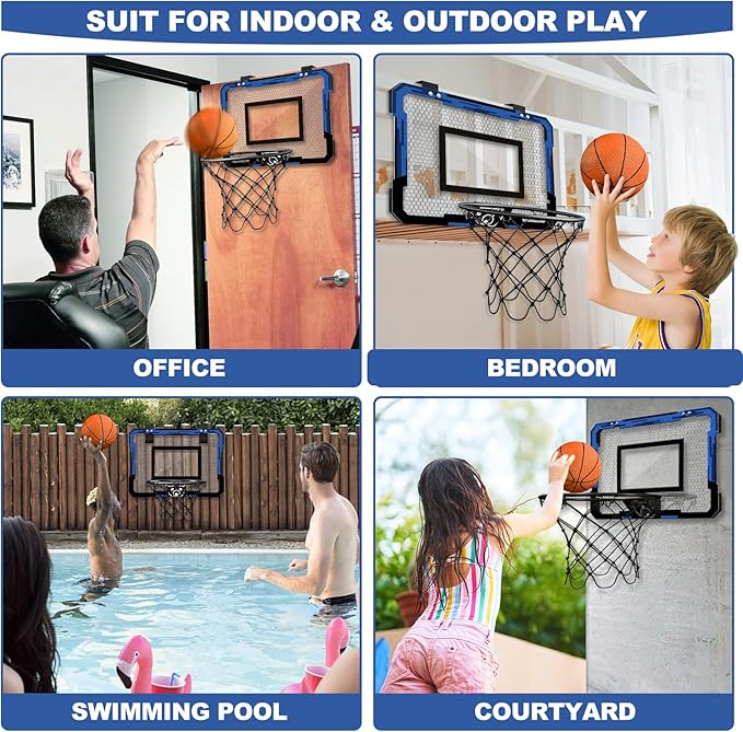 QDRAGON Mini Basketball Hoop, Over The Door Indoor, with 3 Balls/Inflator/Breakaway Rim, Basketball Toy Gifts for Kids and Adults, Suit for Bedroom/Office/Outdoor, Blue