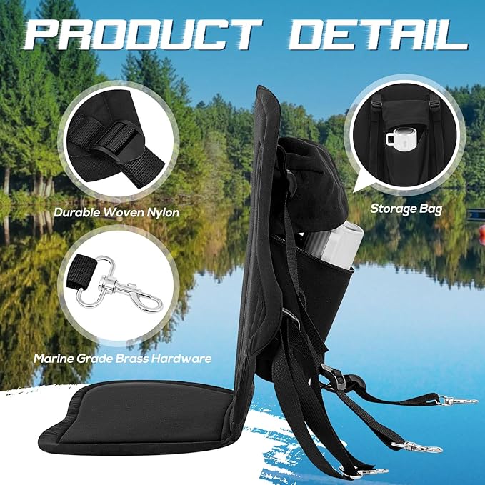 Lewtemi 4 Pack Padded Kayak Seat Fishing Boat Seat with Back Support and Storage Bag Detachable Paddle Board Seat Canoe Seat with Adjustable Back Strap for Summer Sup Canoe Universal Sit, Black