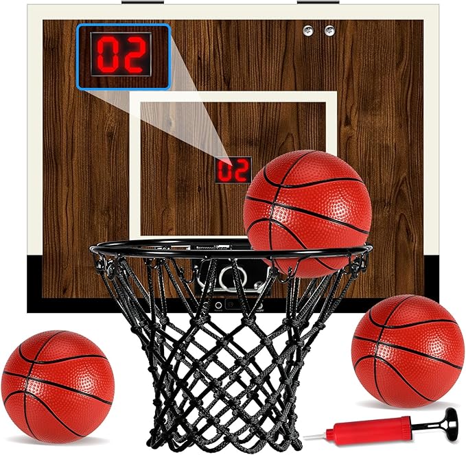 Indoor Mini Basketball Hoop Set – Over The Door with Wood Backboard & Iron Rim – Includes 2 Balls & Air Pump – Anti-Shock Padding – 16"x12"x3"