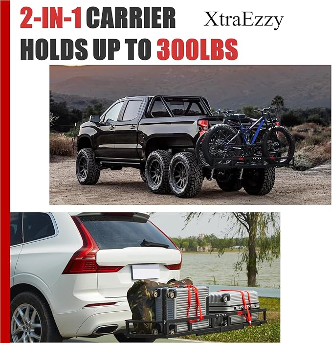 Hitch-Mount Bike Rack for Ebike Heavy-Duty - Comes with Cargo Carrier Fits 2 Electric Fat-Tire Mountain Bicycles Fits 2" Receiver for Car Trailer SUV Truck RV Minivan (Red)