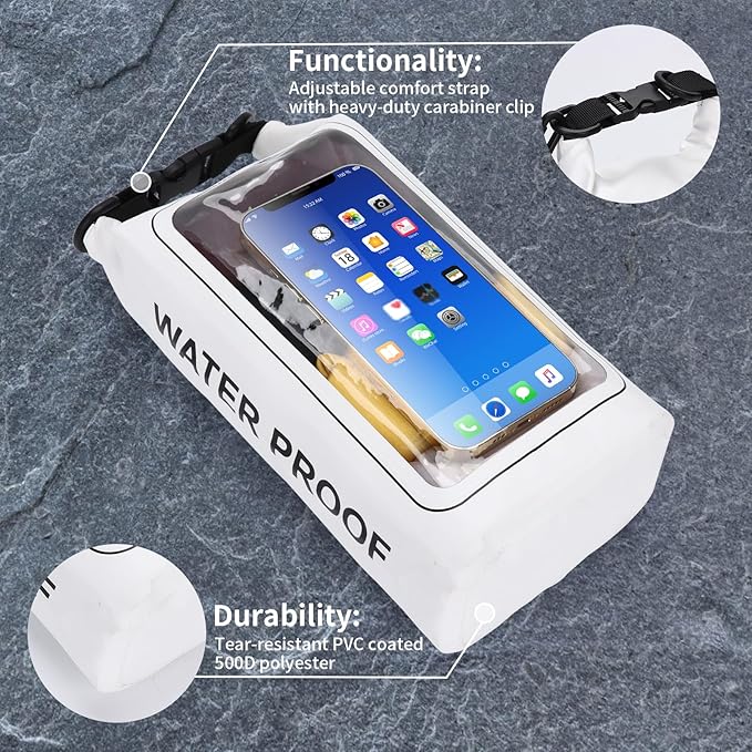 IP68 Waterproof Dry Bag, 2L - Roll Top Waterproof Pool Bag，dry bags for kayaking waterproof-w/Phone Pouch,Large Waterproof Phone Pouch,Boating & Kayak Accessories camping (white)