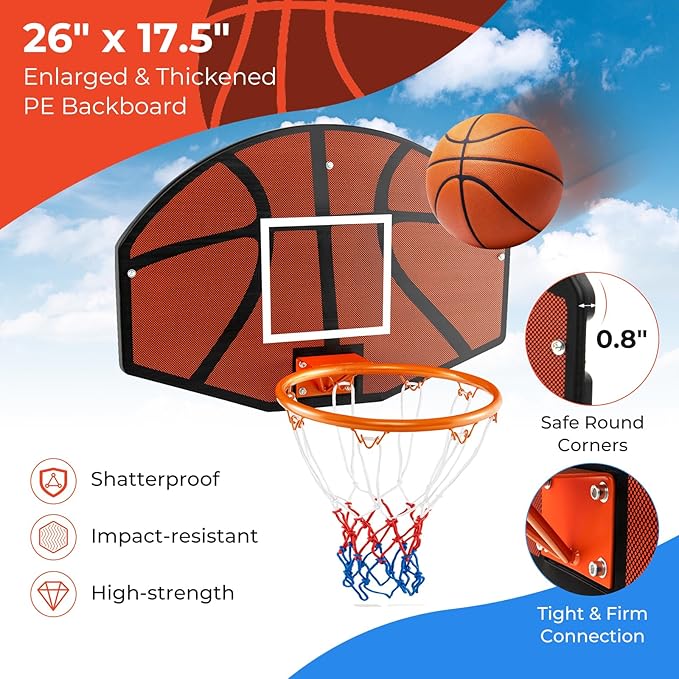 Goplus Wall Mount Basketball Hoop, 26" x 17.5" Indoor Outdoor Basketball Games w/Large Shatter-Proof Backboard, Anti-Tear Net, Door Wall Mounted Basketball Playset for Backyard Family Kids Adults